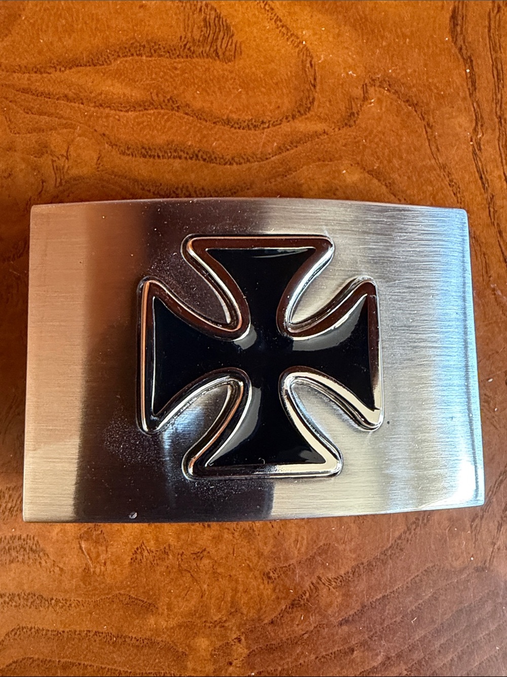 Men's Silver Belt Buckle with Black Cross Accent
